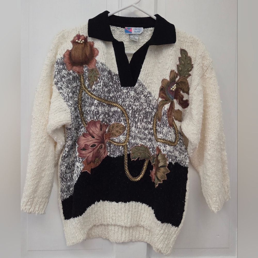 Vintage 80s Lindsey Blake Embellished Applique Sweater L